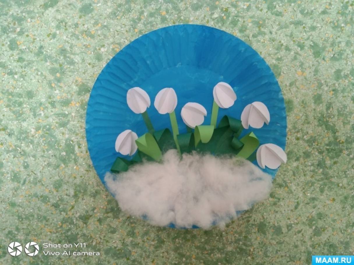 Мастер-класс по изготовлению объёмной аппликации на бумажной тарелке «Подснежники» для детей старшего дошкольного возраста