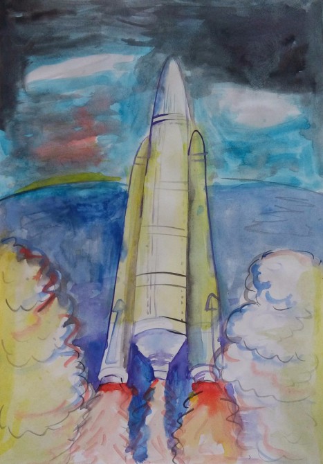 Ракета рисунок красками. Рисование ракета в космосе. Космическая ракета рисунок. Космический корабль гуашью. Космос и ракета акварелью.