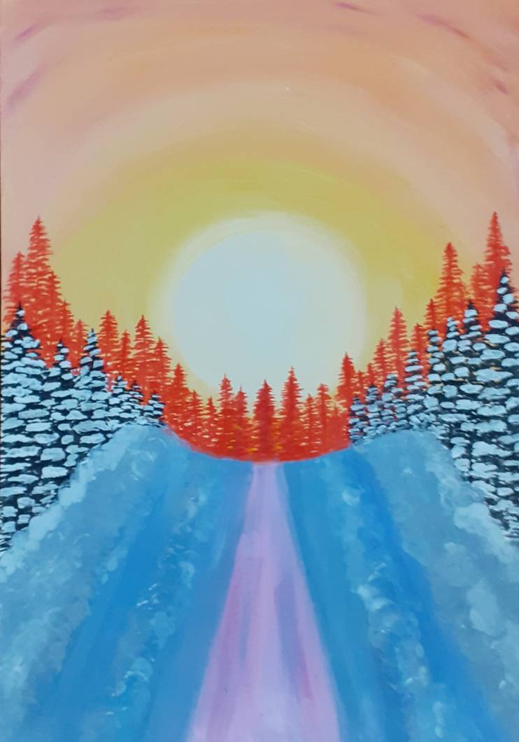 Рисунок гуашью «Зимняя дорога в закат».
