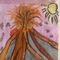 Рисунок гуашью и акварелью «Извержение вулкана»