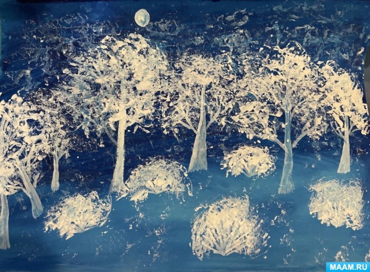 Мастер-класс по рисованию оттиском на тонированной бумаге «Зимние деревья в инее»