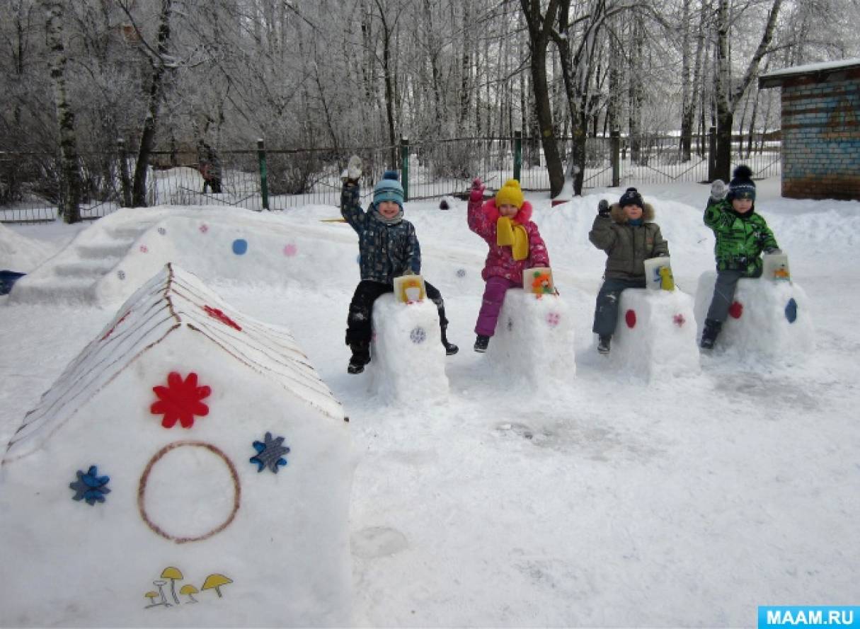 Снежки в сад. Зимние постройки на участке детского сада. Постройки на участке детского сада зимой. Постройки из снега для детей. Постройки из снега в детском саду.