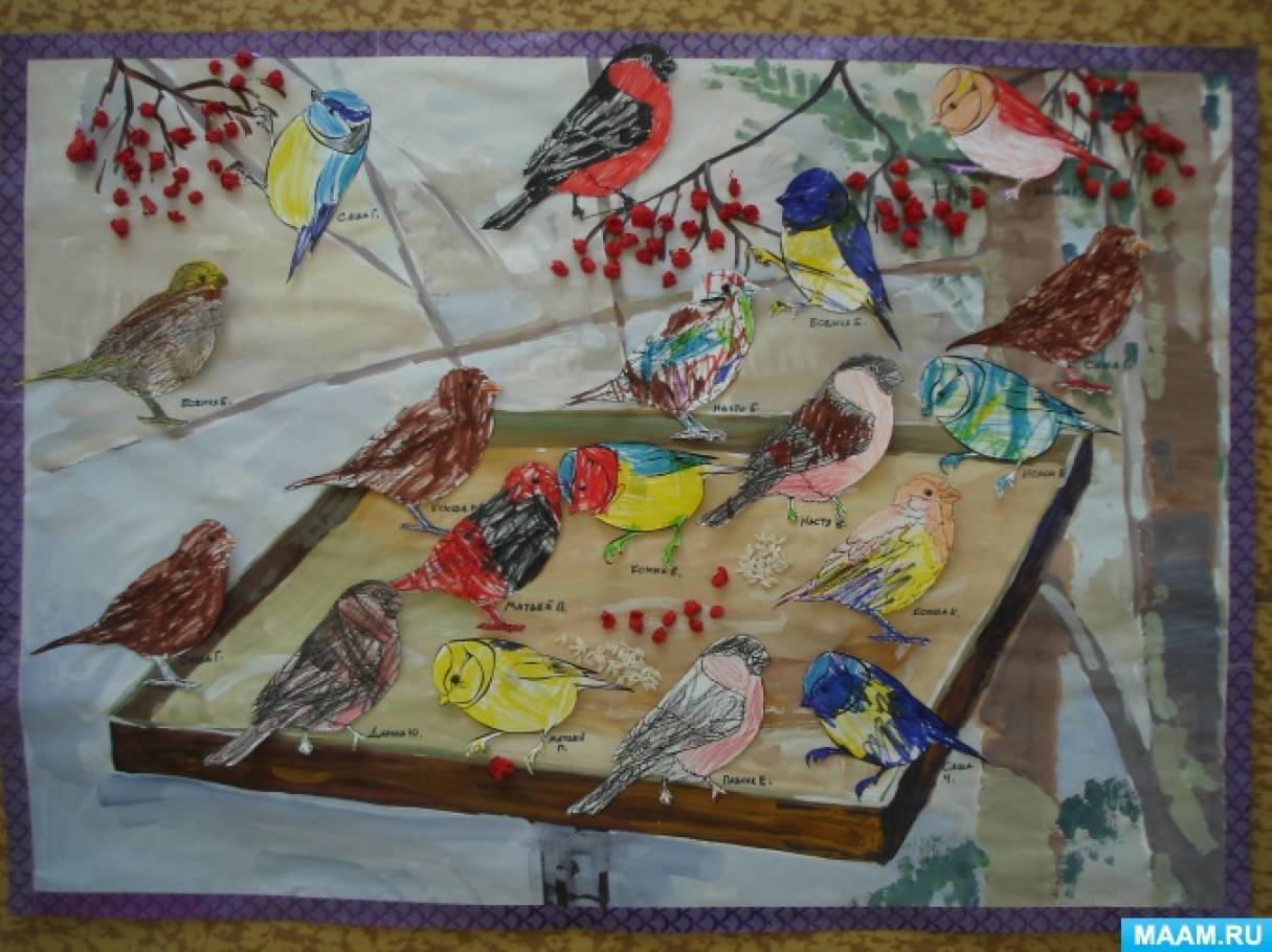 Коллективная работа день птиц. Коллективные работы детей в детском саду птицы. Коллективная работа детей в саду птицы. Коллективные работы для детей на птицы зимой. Выставка работ на тему птицы.