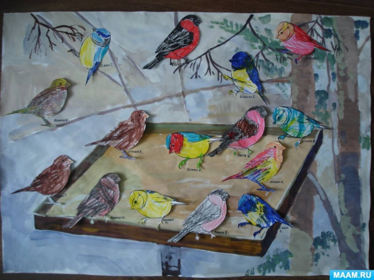 Коллективная работа день птиц. Коллективные работы детей в детском саду птицы. Рисование зимующие птицы средняя группа. Птицы работы детей в ДОУ. Рисование зимующие птицы подготовительная группа.