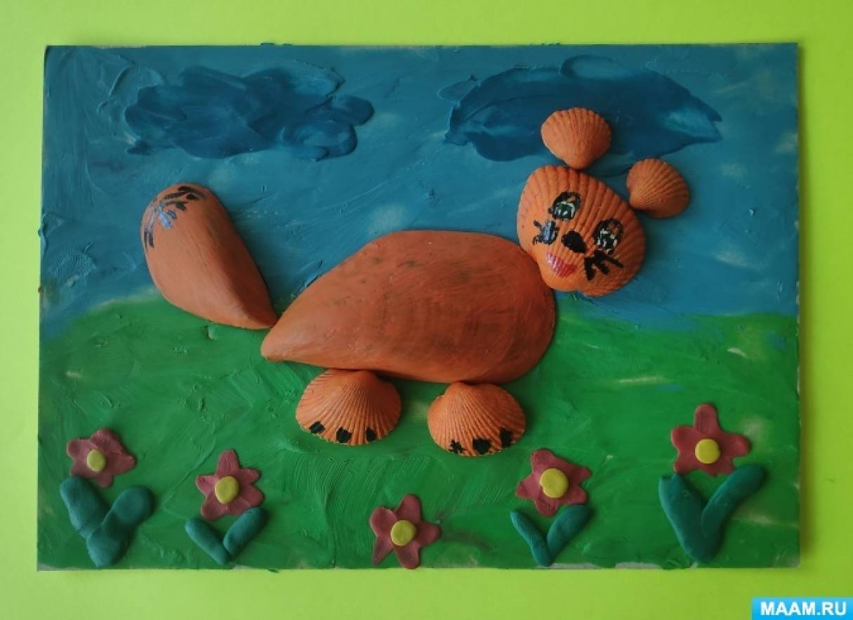 Детский мастер-класс по изготовлению поделки из ракушек и пластилина «Кот Рыжик»