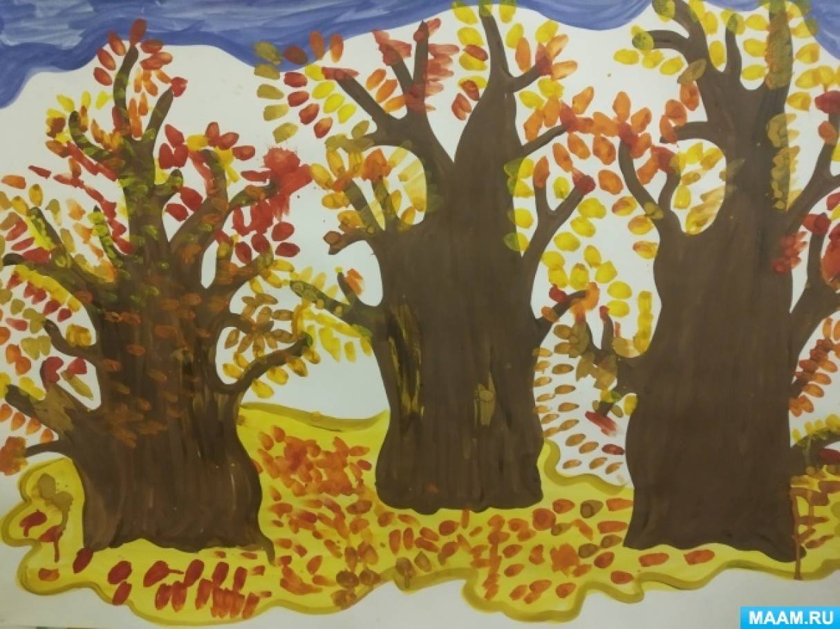 Коллективная работа по рисованию с детьми раннего возраста «Падают, падают листья — в нашем саду листопад»