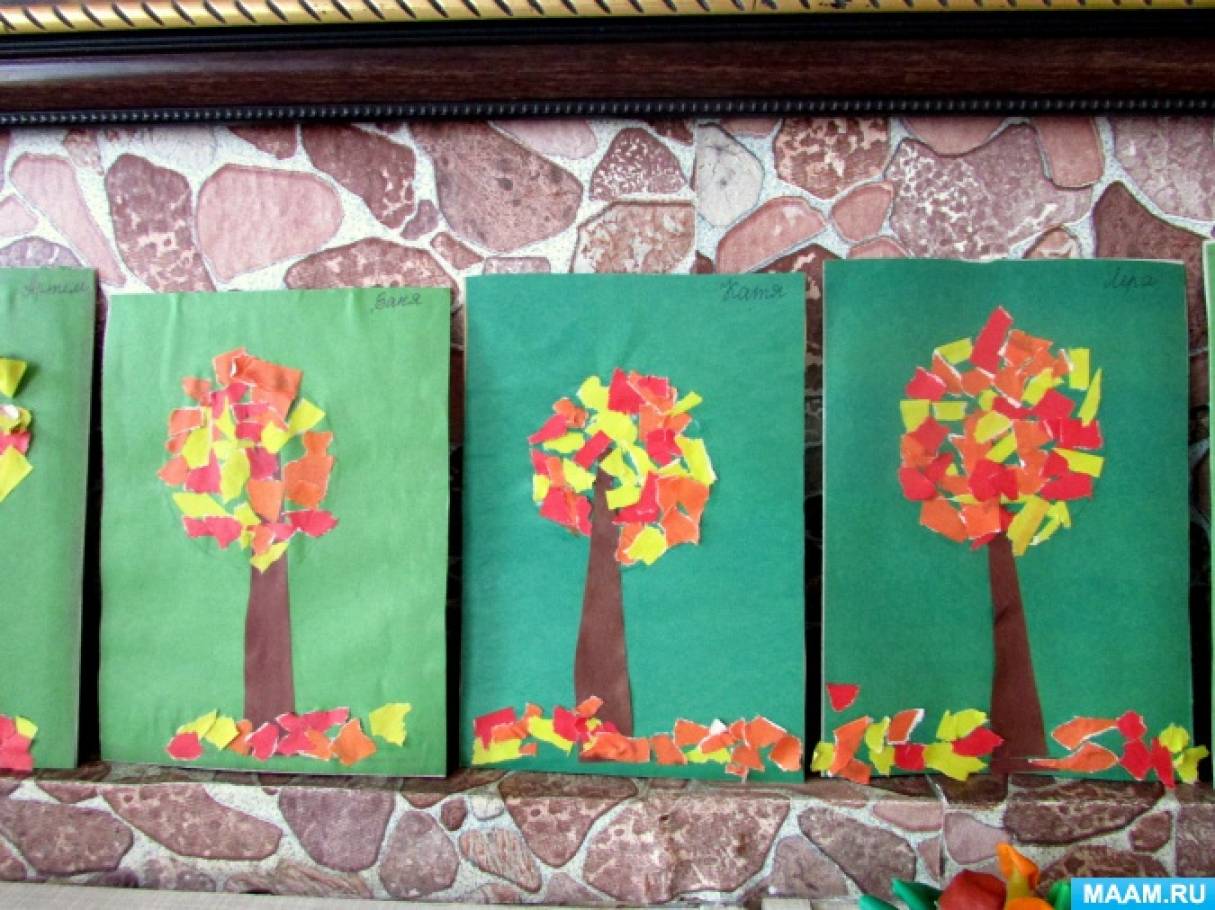 Applique autumn forest made of colored paper, fallen leaves, cotton pads according to patterns