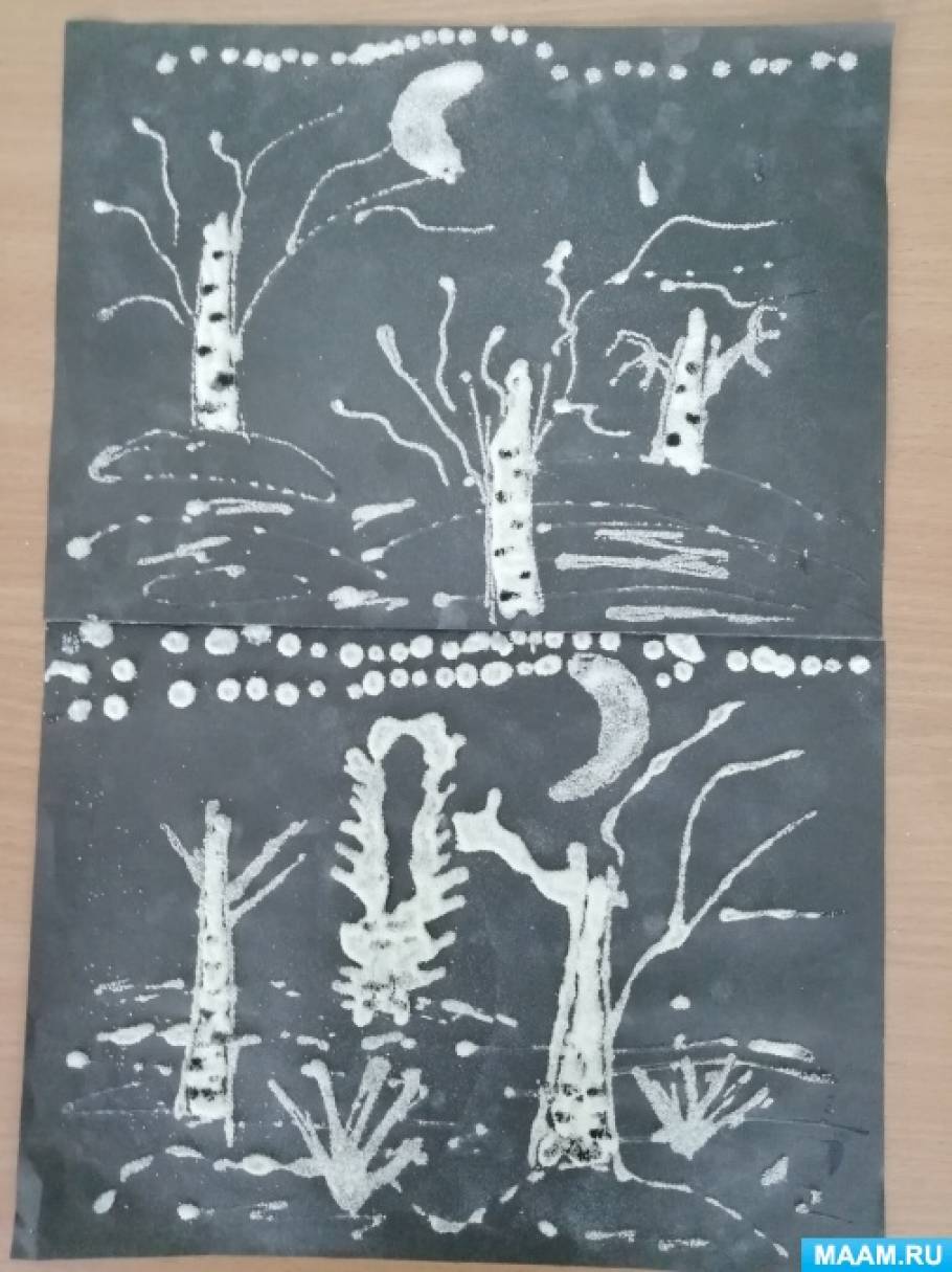 Занятие по рисованию в дошкольной группе с применением манной крупы «Зимний лес ночью»
