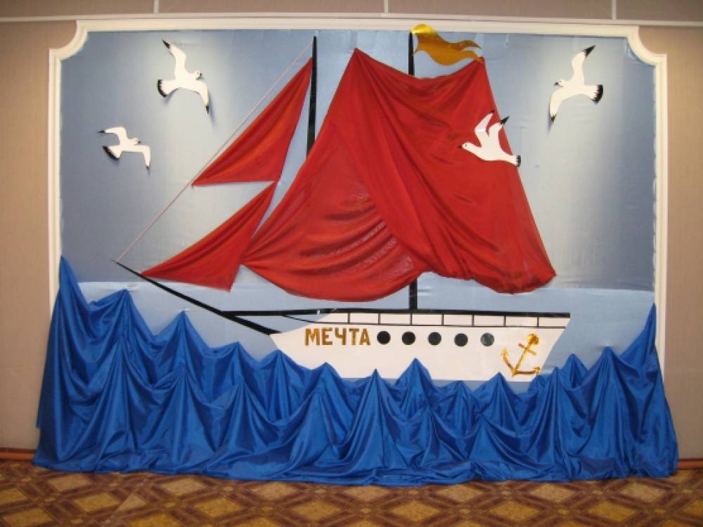 Украшение зала в морской тематике для выпускного. Украшение зала корабль. Украшение сцены. Корабль на сцене декорация.
