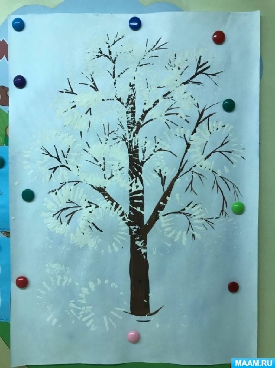 Конспект занятия по художественно-эстетическому воспитанию: рисование втулкой «Зимнее дерево» (младшая группа)