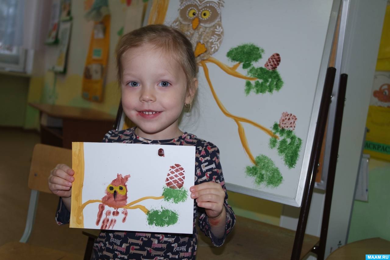 Детский МК по рисованию ладошкой для детей трёх лет «Совушка»