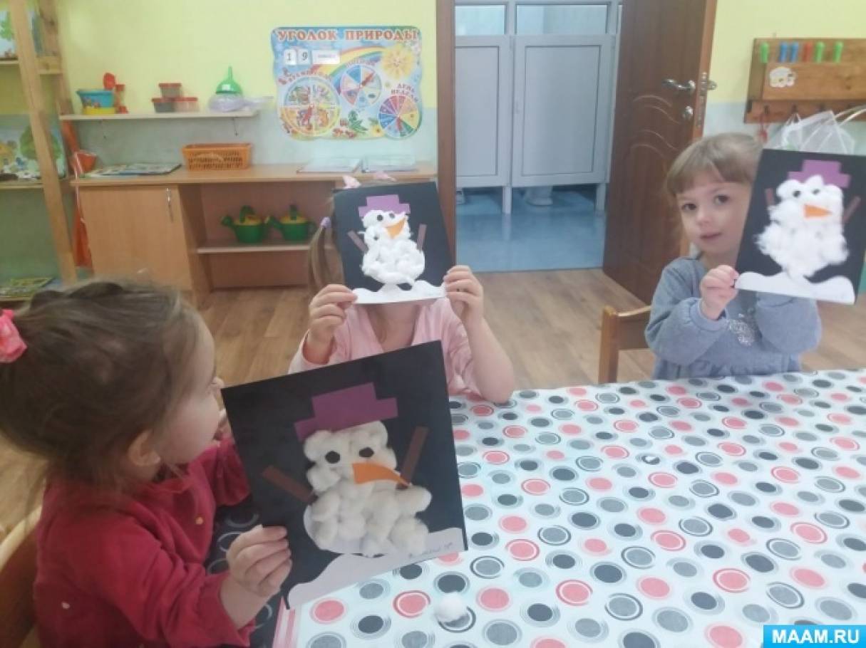 Мастер-класс по аппликации из ваты для детей от 2 до 3 лет «Счастливый снеговик»