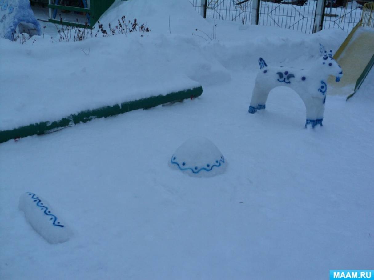 Зимние участки тема. Зимние постройки Гжель. Снежные постройки Гжель. Снежные постройки в детском саду на участке Гжельские. Постройки из снега Гжель.