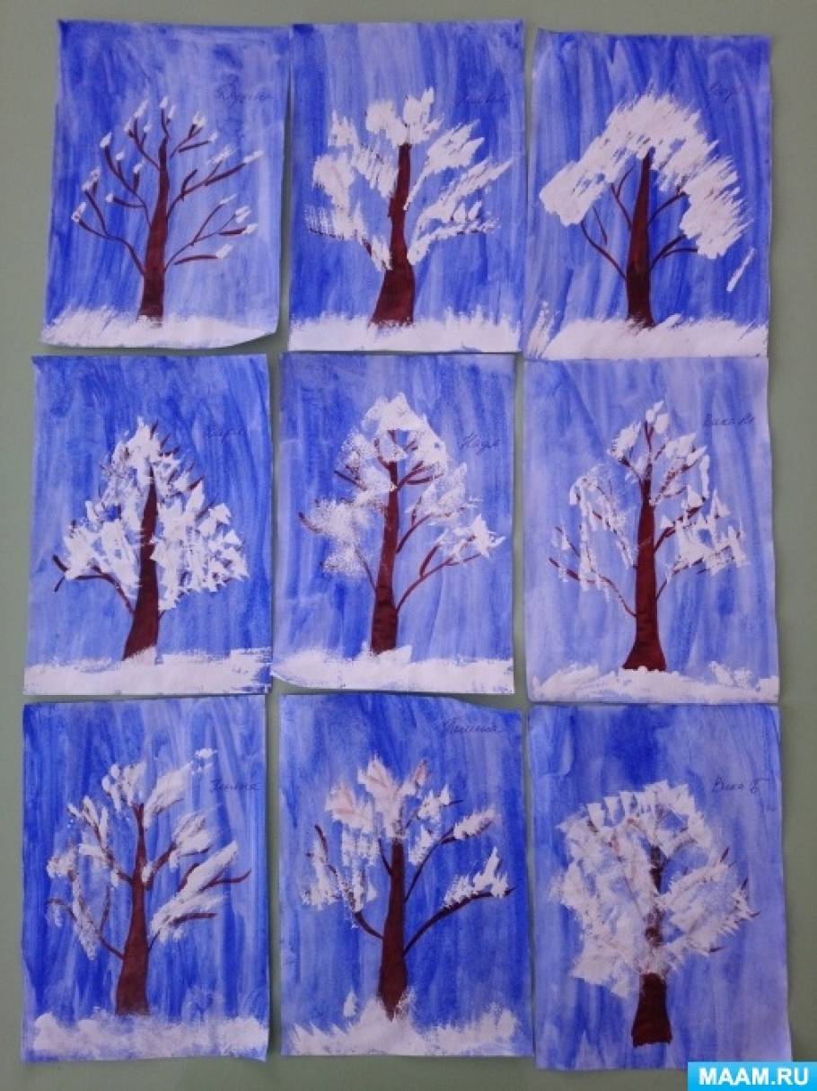 Деревья в снегу вторая младшая группа. Рисование «деревья в инее» (т. с. Комарова, стр. 91). Рисование«деревья в снегу» (т.с. Комарова. Занятие 58). Рисование зима старшая группа. Рисование зимнее дерево в средней группе.