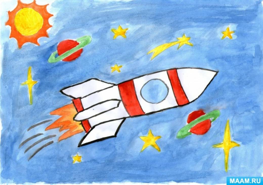 Рисунок на тему космос. Детские рисунки на тему космос. Рисунок ко Дню космонавтики. Детские рисунки про космос. Рисунок про космос в садик