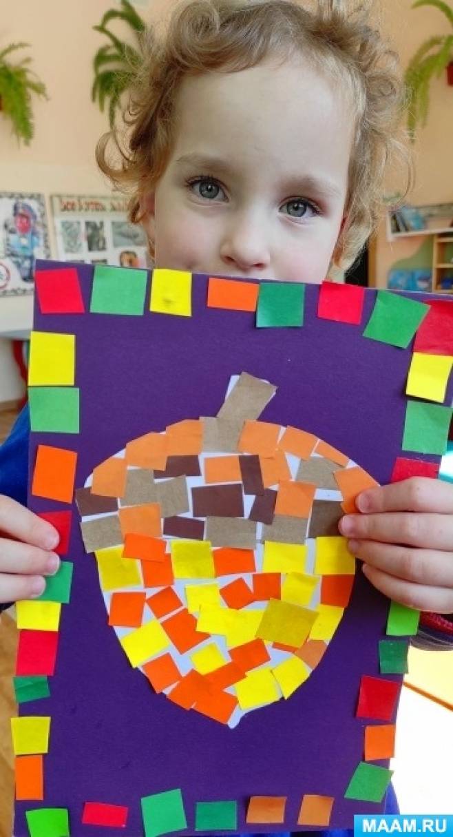 Мастер-класс для детей по аппликации из цветной бумаги в технике мозаики «Жёлудь»