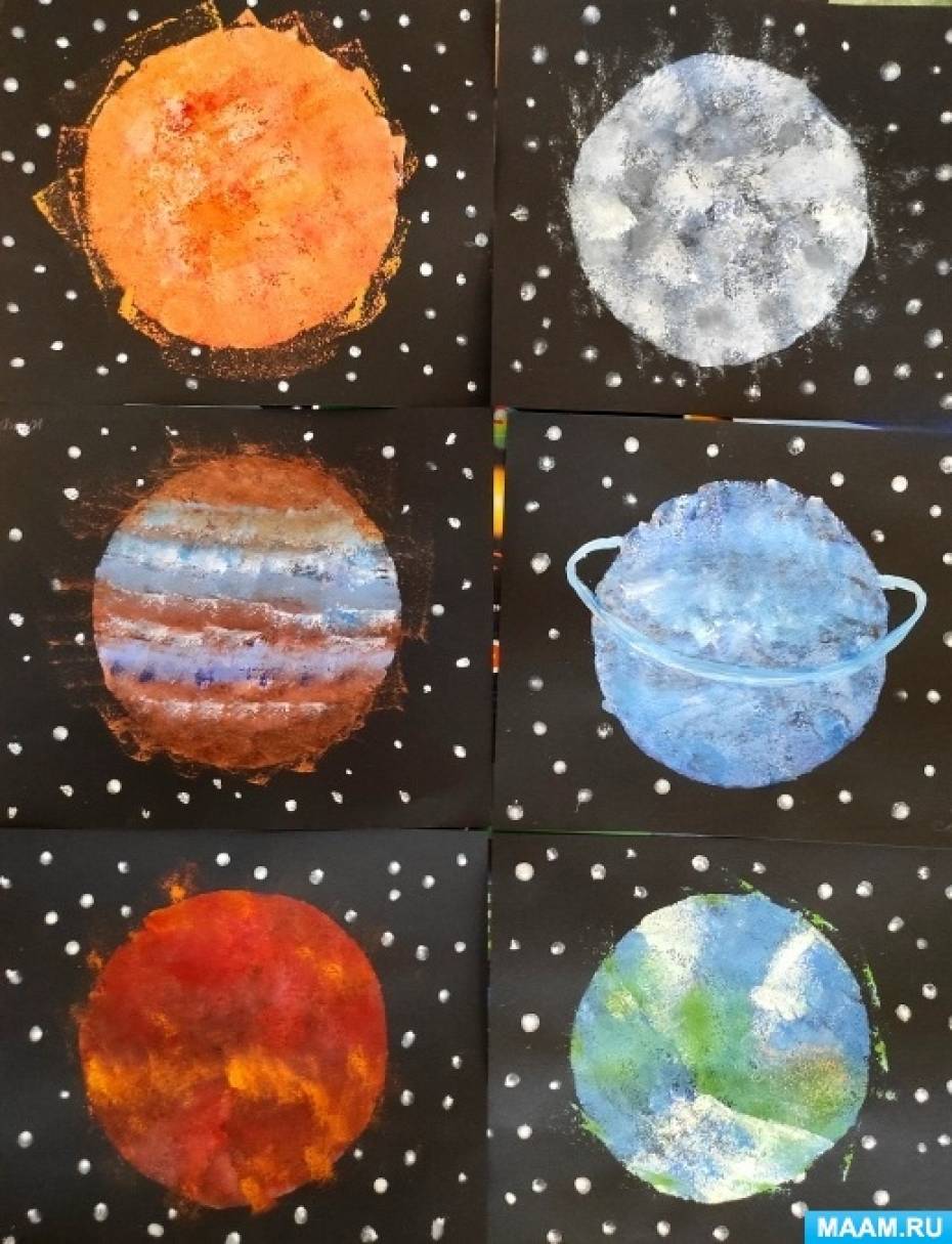 Мастер-класс по нетрадиционной технике рисования (печать губкой) «Планеты солнечной системы» для детей 6–8 лет