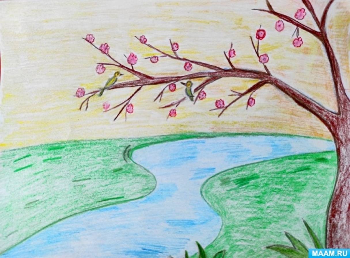 Рисунок весны цветными карандашами. Весенний пейзаж рисунок карандашом.