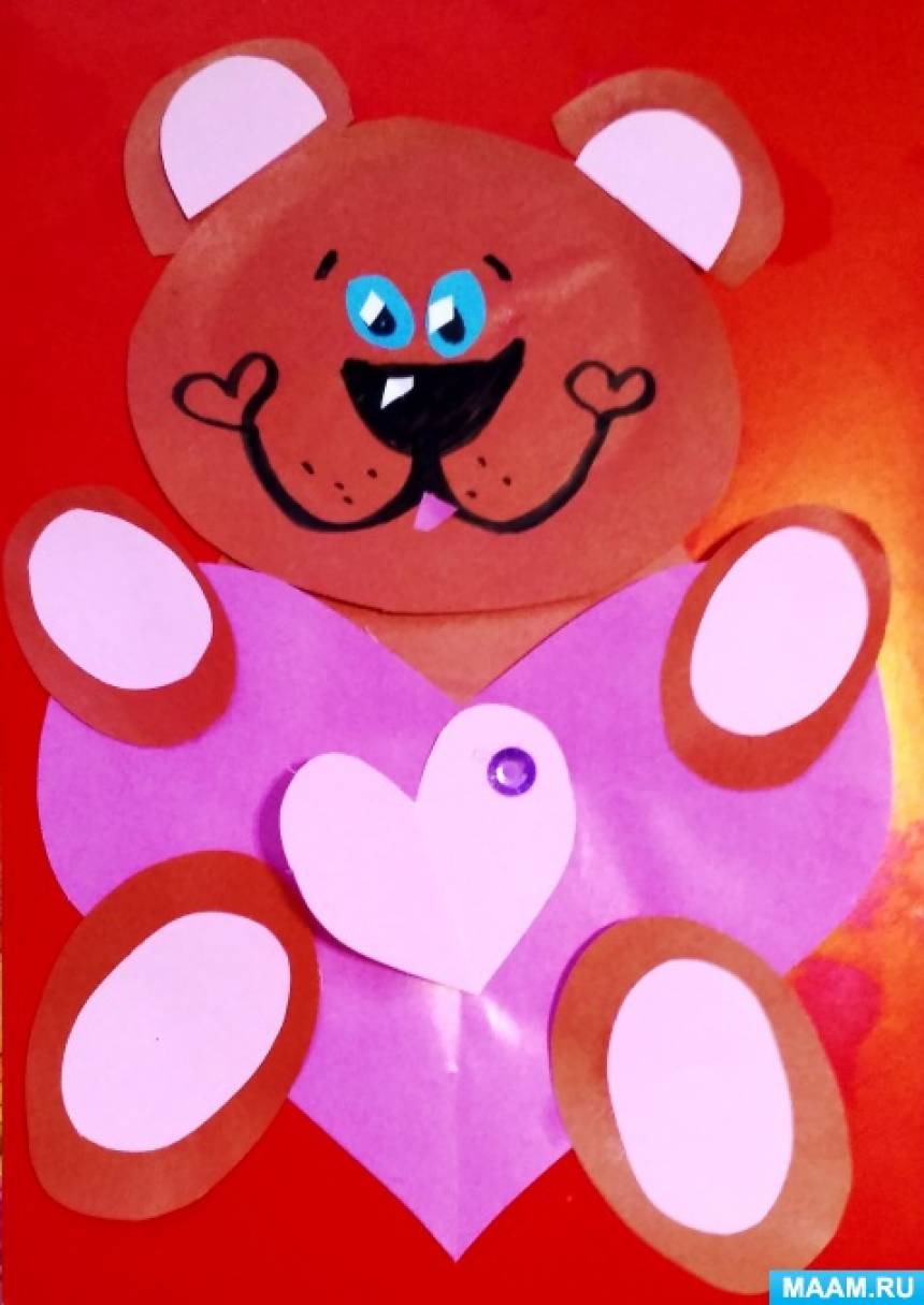 Видео и мастер-класс «Мишка с сердечком» открытка на 14 февраля (1 фото ...