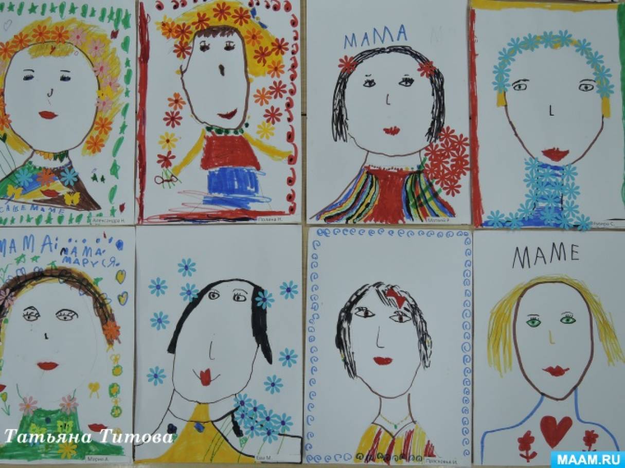 Неделя мам в средней группе. Портреты мам в детском саду в подготовительной группе. Портрет рисование в подготовительной группе. Рисование мамы в подготовительной группе. Портрет мамы рисование в подготовительной группе.