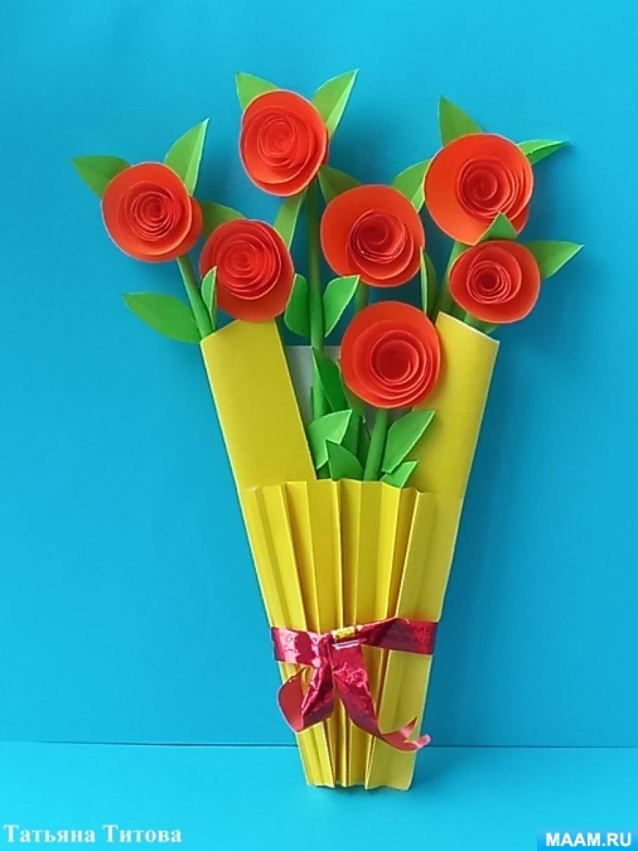 Мастер-класс по изготовлению открытки «Букет роз» из цветной бумаги для подарка к празднику 8 марта