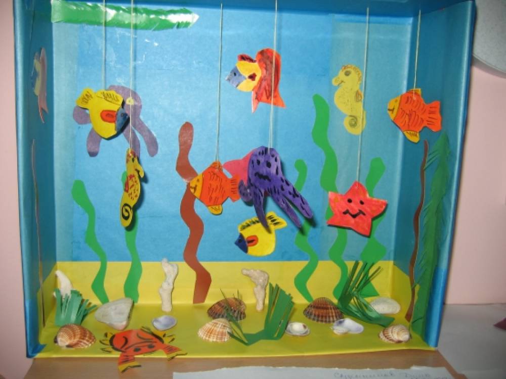 Аквариумные рыбки средняя группа. Детская поделка аквариум. Макет аквариума для детского сада. Аквариум в детском саду. Аквариум с рыбками в детском саду.