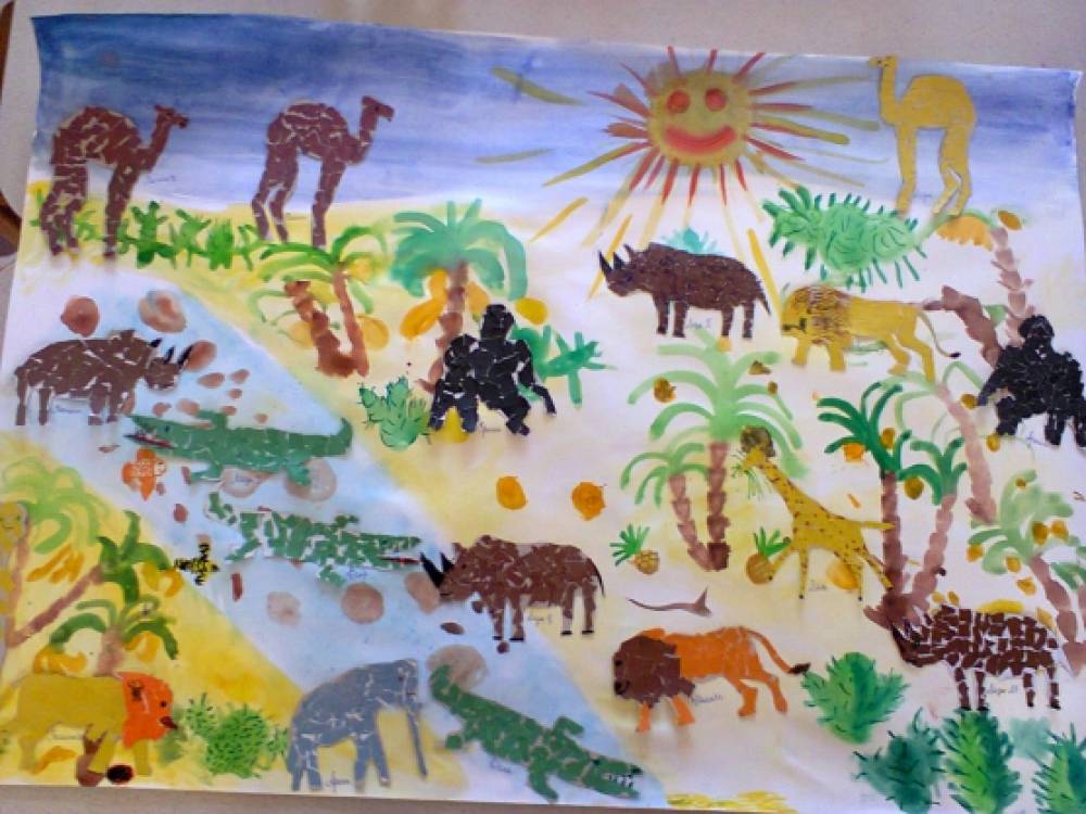 Средняя группа занятие мир животных. Коллективное рисование. Поделка Африка. Аппликация на тему зоопарк. Детские работы на тему животные жарких стран.