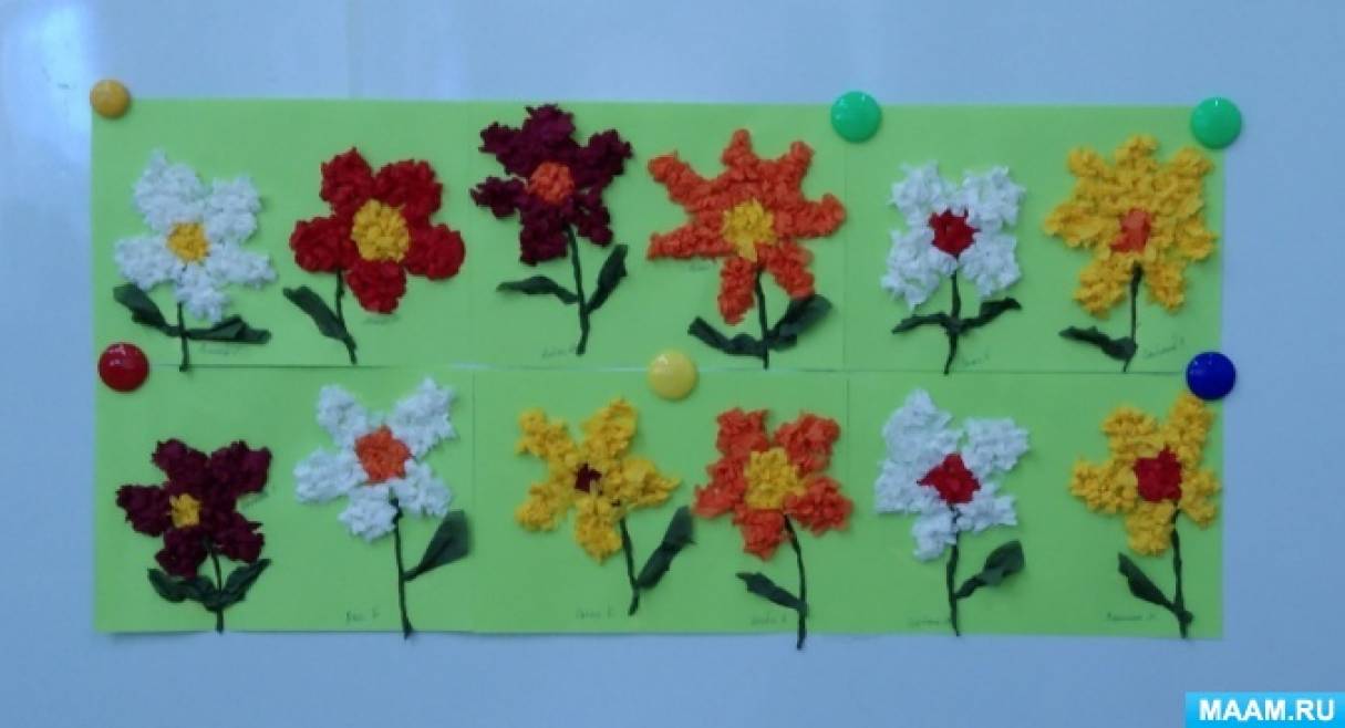 Конспект ОД по аппликации «Разноцветная полянка» с использованием столовых салфеток с детьми младшей группы