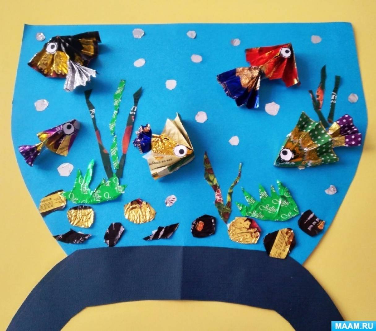 Детский мастер-класс по изготовлению панно «Весёлые рыбки» в технике аппликация из фантиков к Всемирному Дню конфет
