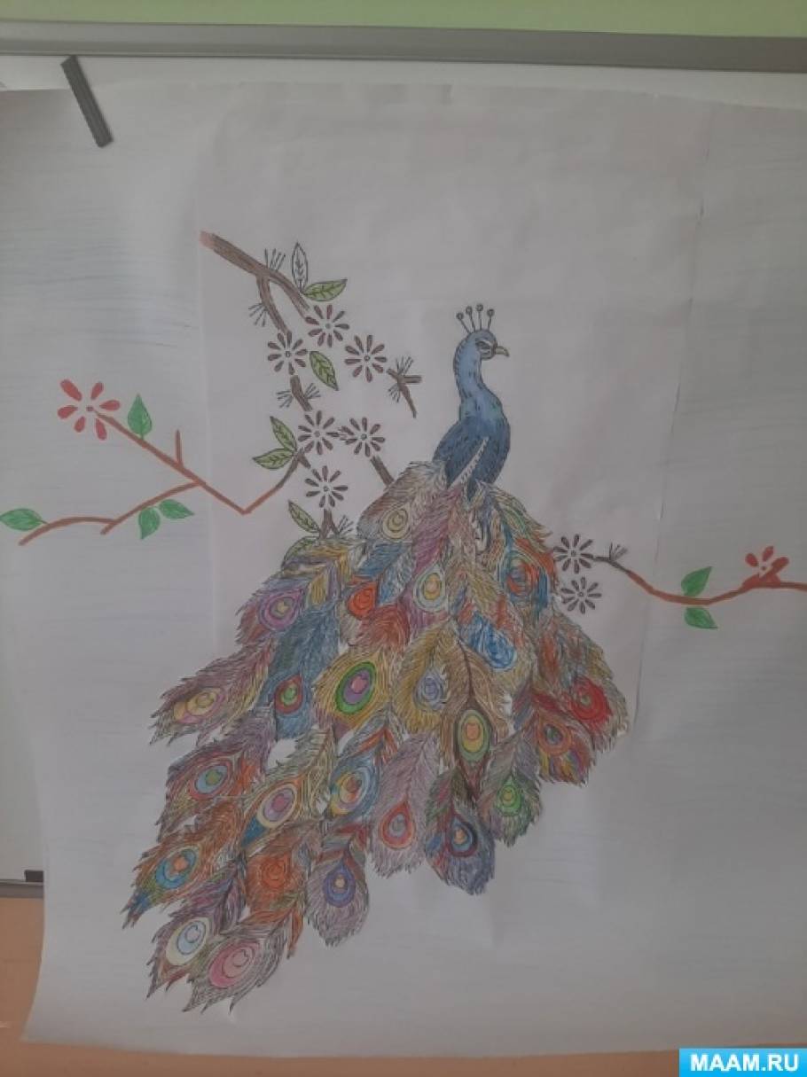 Конспект занятия по рисованию «Разрисовывание перьев для хвоста чудо — птицы» в средней группе