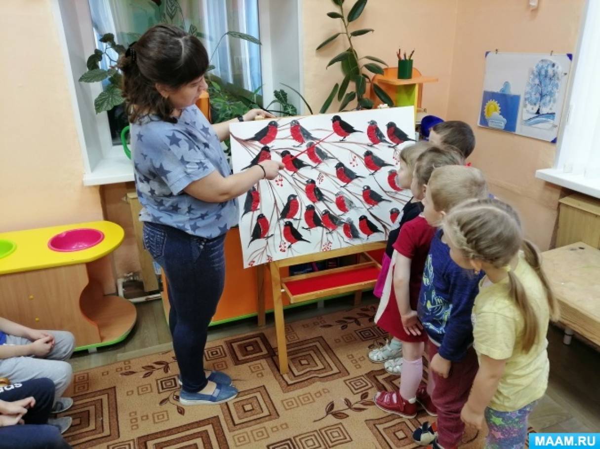 Смотреть фотографию №1 Фото №1 Снегирь снегири на ветке коллективная композиция Цель продолжать знакомство с нетрадиционными техниками рисования рисование пластилином пластилинография работа гуашью по контуру