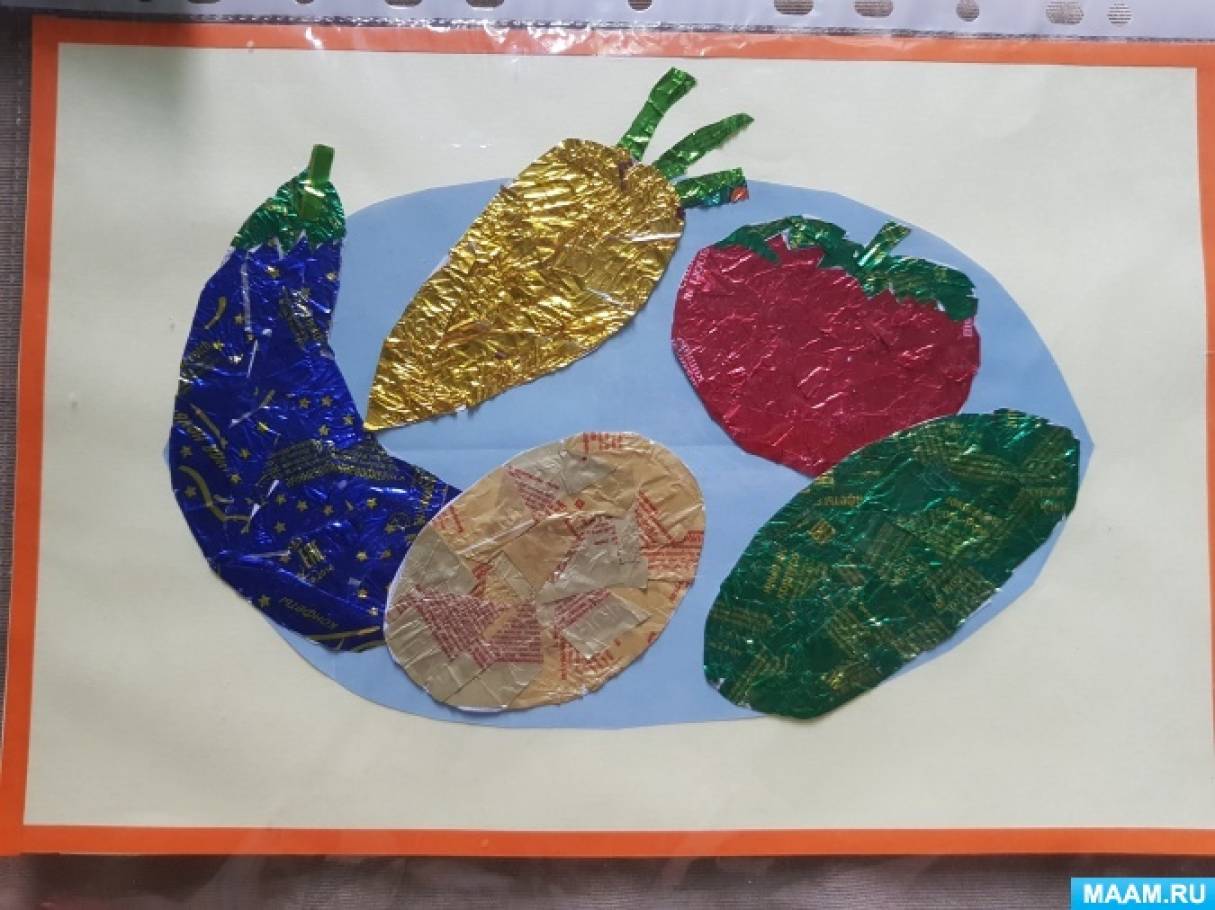 Конспект по аппликации «Овощи на тарелке» из фантиков с детьми средней и старшей группы
