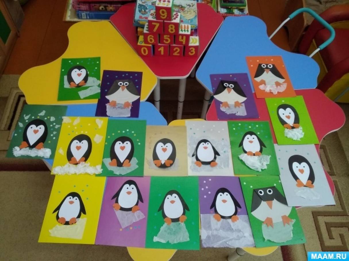 Фотоотчет о тематической беседе и аппликации «Пингвины на льдине» в Всемирный День Пингвинов