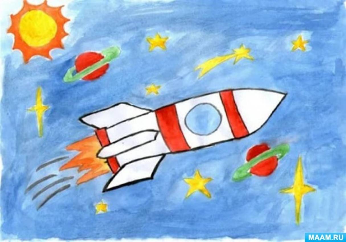 Изо 4 класс день космонавтики. Рисунок на тему космос. Детские рисунки на тему космос. Рисунок ко Дню космонавтики. Детские рисунки про космос.