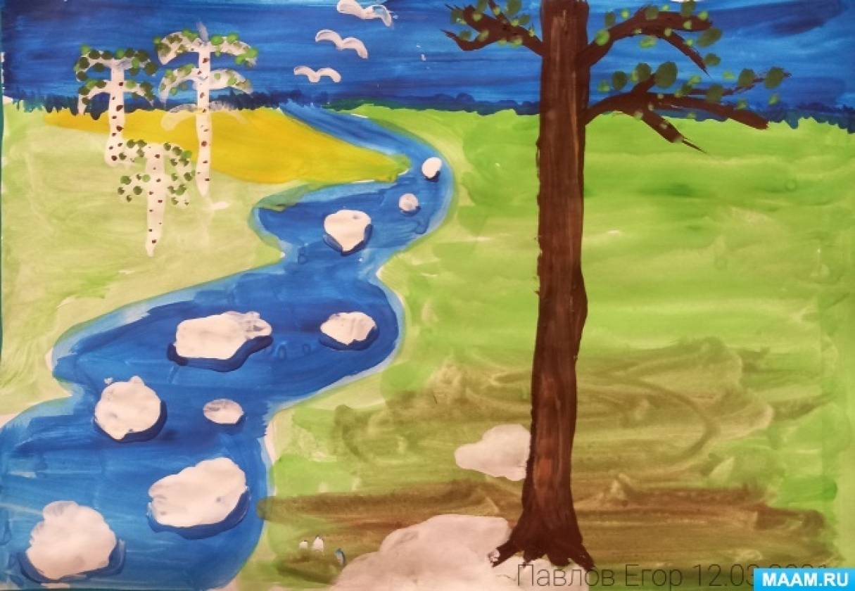 Ледоход рисование старшая. Детский пейзаж весны. Рисование весенний пейзаж в подготовительной группе. Рисование река в старшей группе.