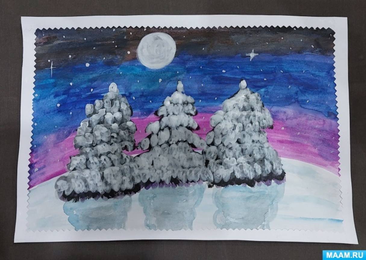 Мастер-класс по рисованию акварелью пейзажа «Зимняя ночь» для детей старшего дошкольного возраста
