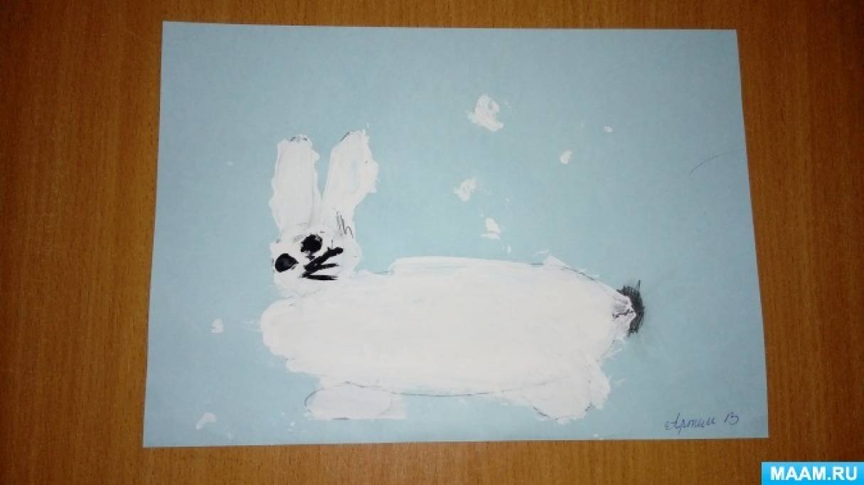 Рисование зайчика младшая группа. Нетрадиционные техники рисования в средней группе заяц. Рисование заяц на снегу средняя группа. Рисование зайчика нетрадиционная техника рисования. Рисование зайчика в средней группе детского сада.