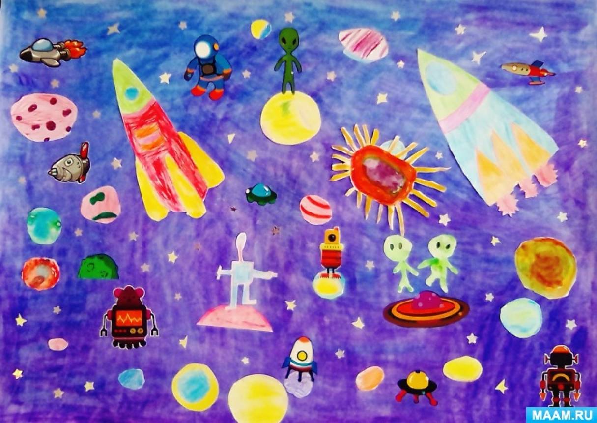 Тема космос в детском саду подготовительная. Коллективная работа космос. Космос коллаж с детьми. Коллективная аппликация космос. Коллективное рисование на тему космос.