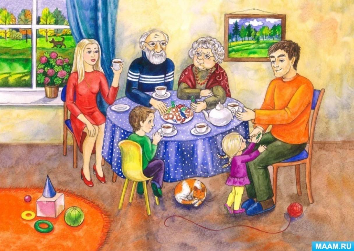 Мама папа садик я. Семейные традиции рисунок. Сюжетная картина семья. Моя семья. Рисунок на тему моя семья.