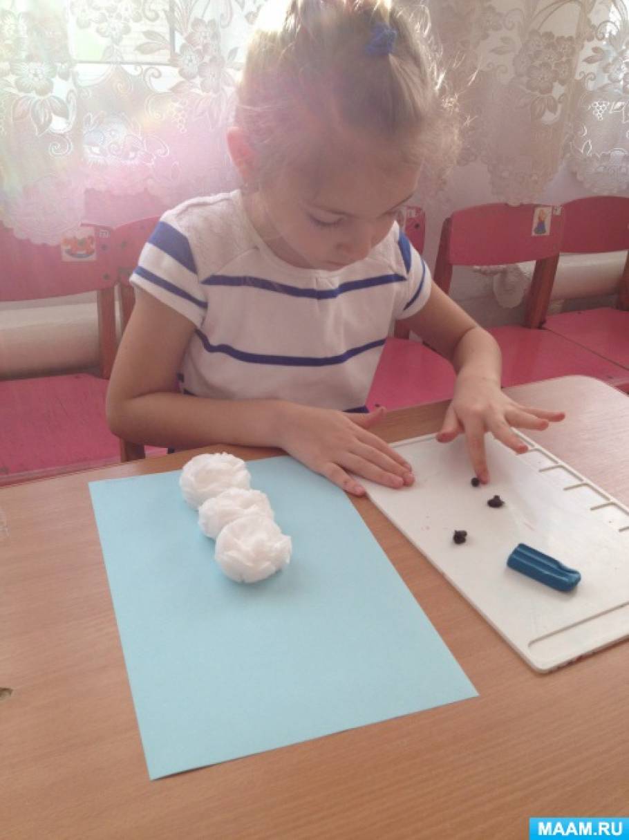 Мастер-класс «Снеговик» из ватных дисков, с элементами пластилинографии ...