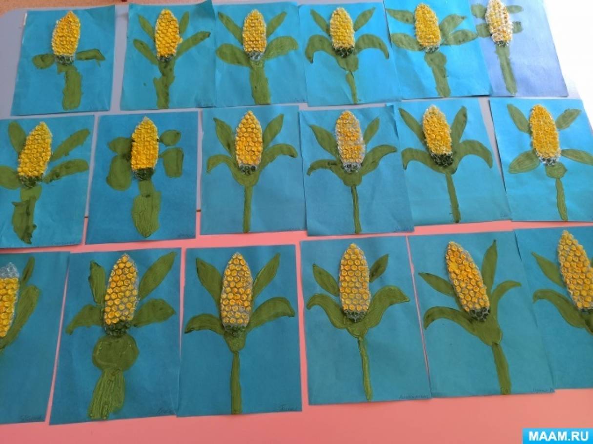 Мастер-класс по нетрадиционной технике рисования пузырчатой пленкой  «Кукуруза» в средней группе