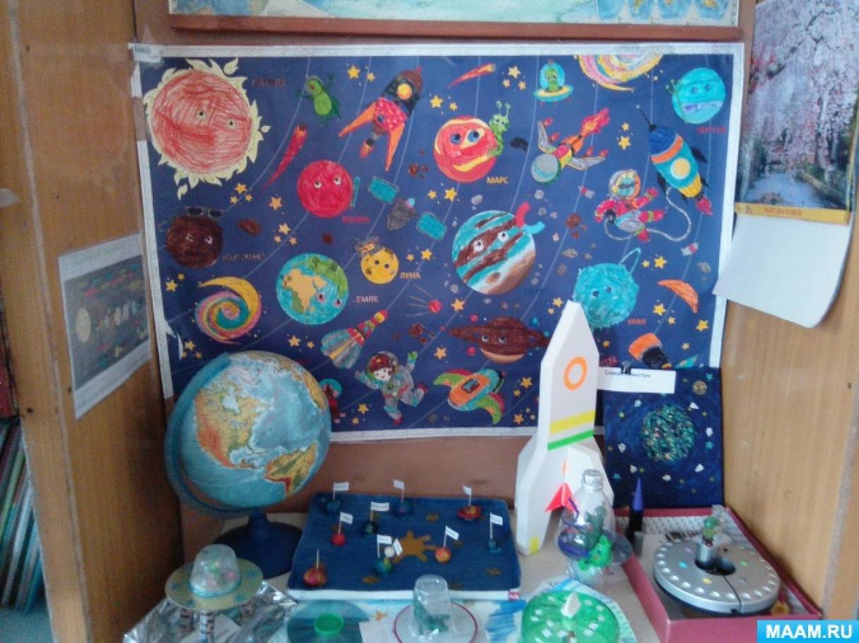 Оформление к дню космонавтики в детском саду. Уголок космоса в детском саду. Космический уголок в садике. Неделя космонавтики в детском саду. Уголок космос в подготовительной группе.