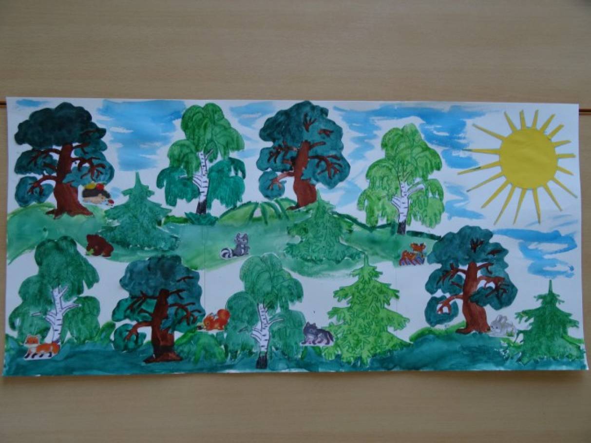 Путешествие в весенний лес средняя группа. Коллективный рисунок 1 класс. Весенний коллективный рисунок. Коллаж Зверев лесу средняя группа. Коллективное рисование с детьми младшей группы по сказкам Пушкина.