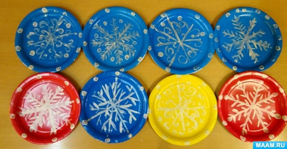 Детский мастер-класс по рисованию красками на одноразовых тарелочках «Снежинки»