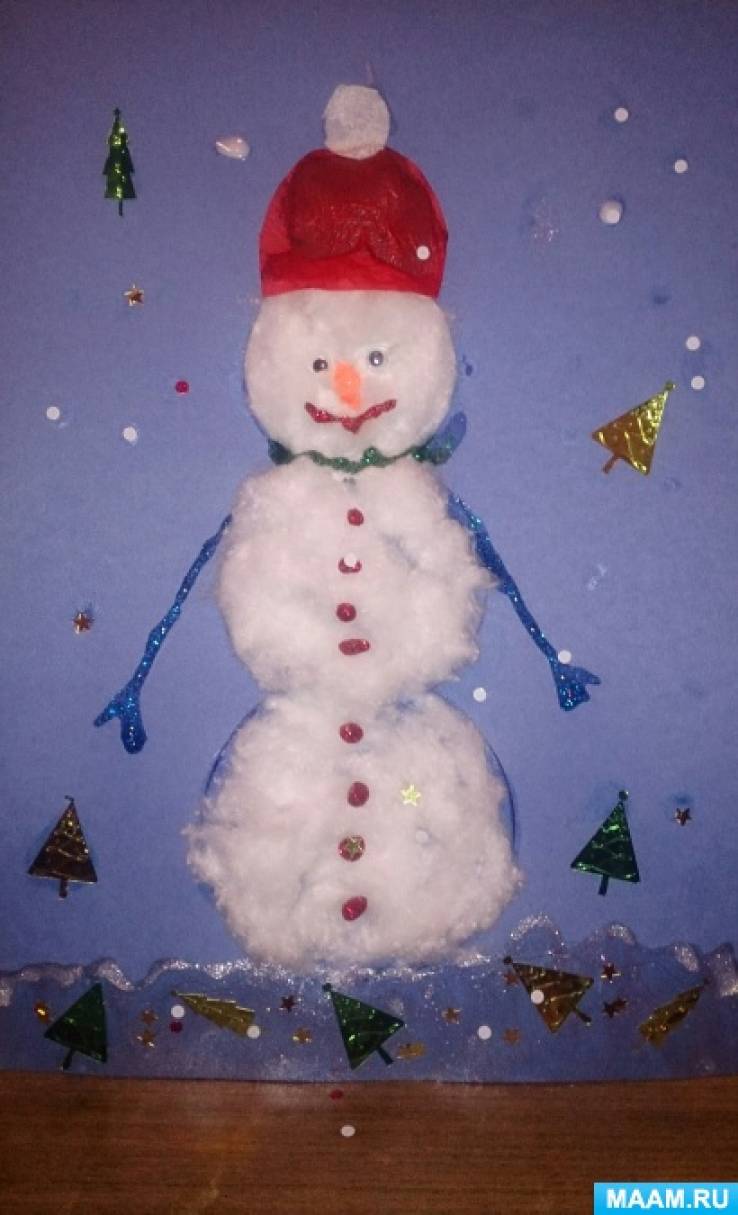 Новогодняя аппликация из бумаги и ваты. Веселый снеговик.