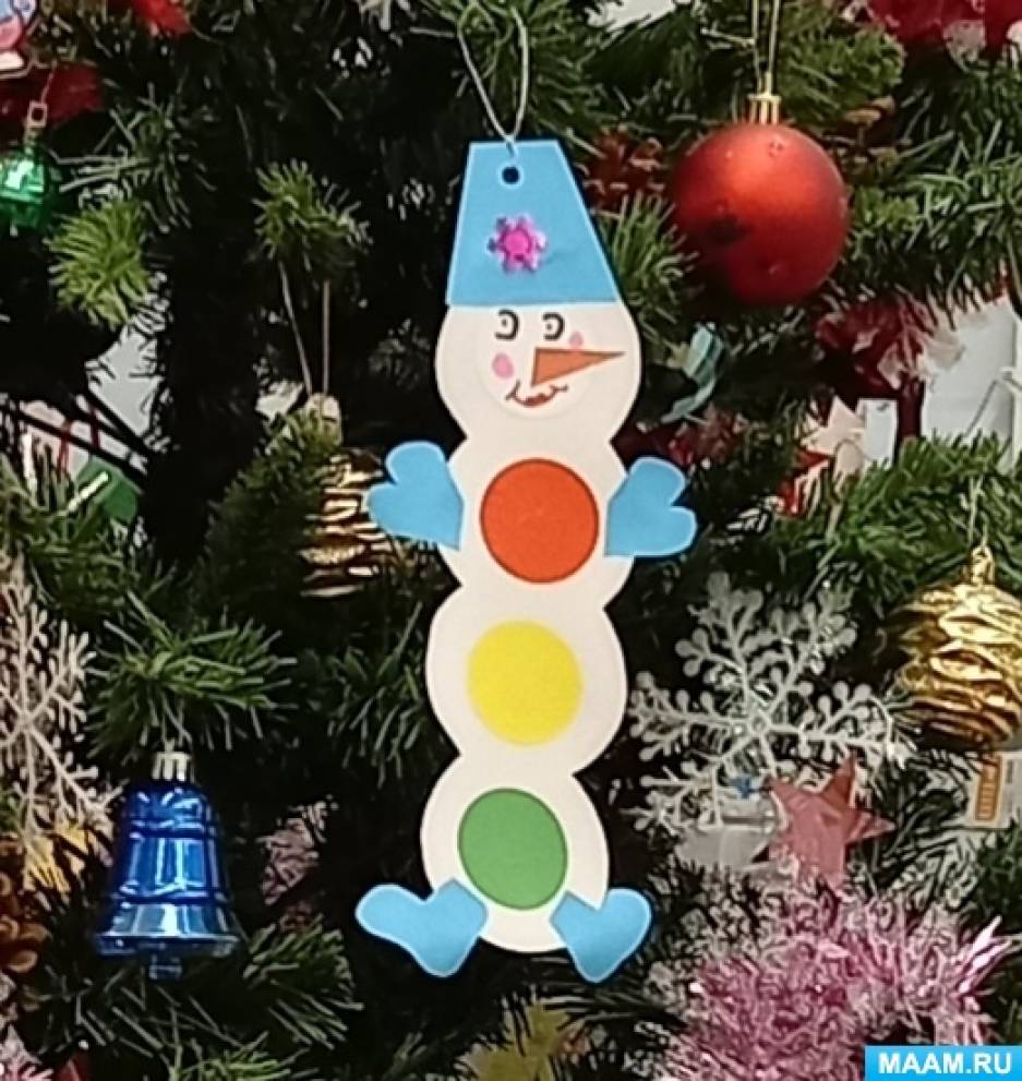 Аппликация из картона для украшения «Снеговик-светофорчик» с детьми 4 лет