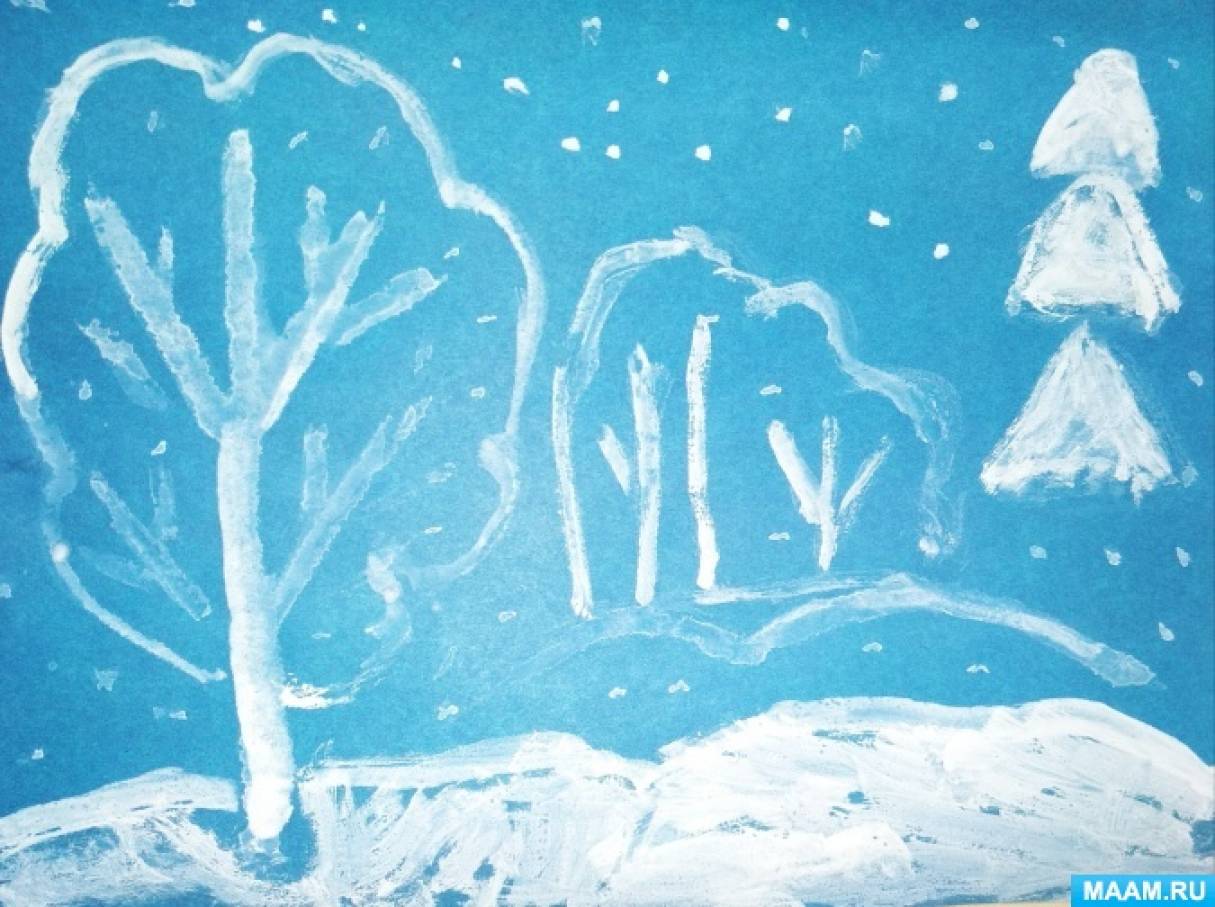 Фотоотчет о художественной деятельности детей старшей группы по рисованию «Заколдованный зимний лес»