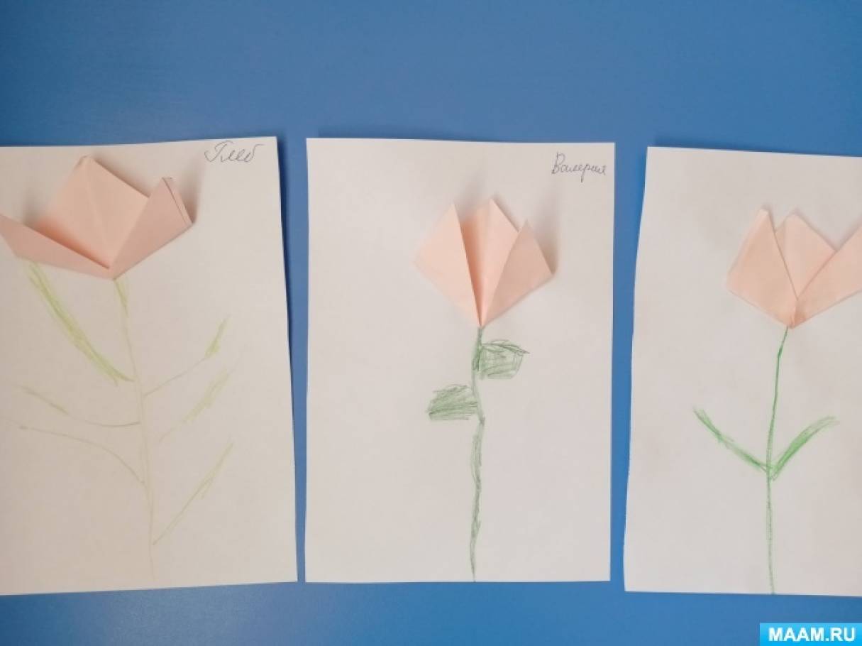 Фотоотчёт о занятии по «оригами» с элементами рисования в старшей группе «Тюльпан для мамы»