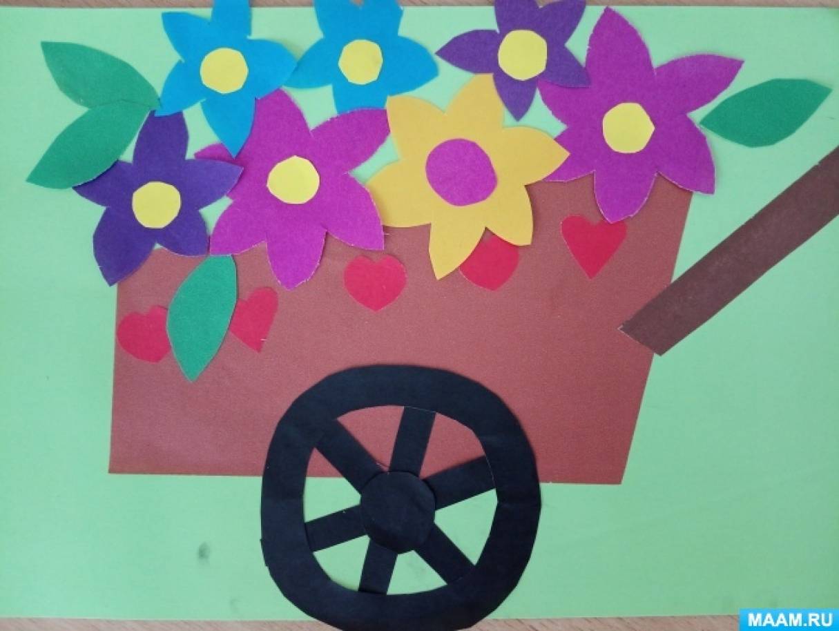 Детский мастер-класс по плоскостной аппликации «Садовая тачка с цветами» для старших дошкольников