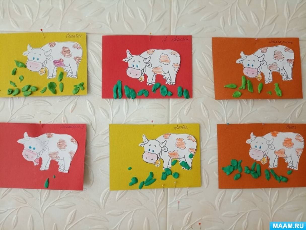 Конспект ОД по лепке с детьми первой младшей группы «Травка для коровки»